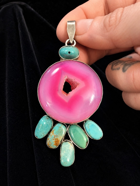 American Vintage Jewelry - Vintage DZI 925 Sterling Silver Pink Agate Geode & Gemstone Statement Pendant